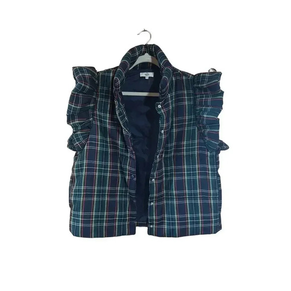 Entro Plaid Print Quilted Collared Button Up Vest Ruffle Sleeve Women Size Small - Picture 3 of 9